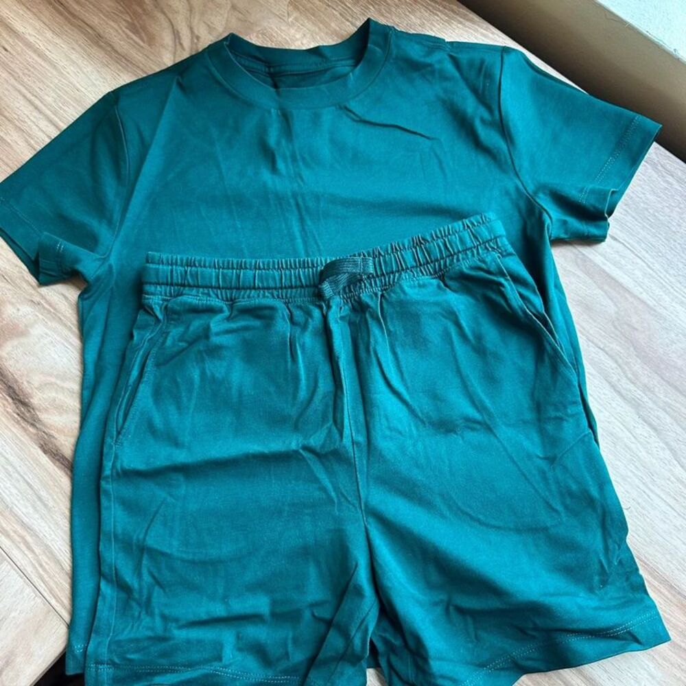 Amazon Essentials Boys 2 Piece T Shirt Shorts Set Size M 8 Green 100% Cotton